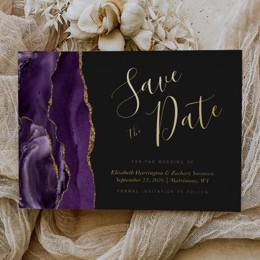 Modernes Lila Gold Agate Dark Save the Date Folieneinladung