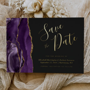 Modernes Lila Gold Agate Dark Save the Date Folieneinladung