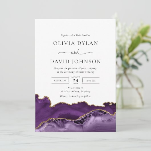 Modernes Lila Gold Agate Foto Einladung zur Hochze (Stehend Vorderseite)