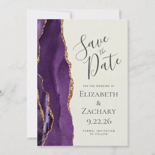 Modernes Lila Gold Agate Ivory Save the Date (Vorderseite)