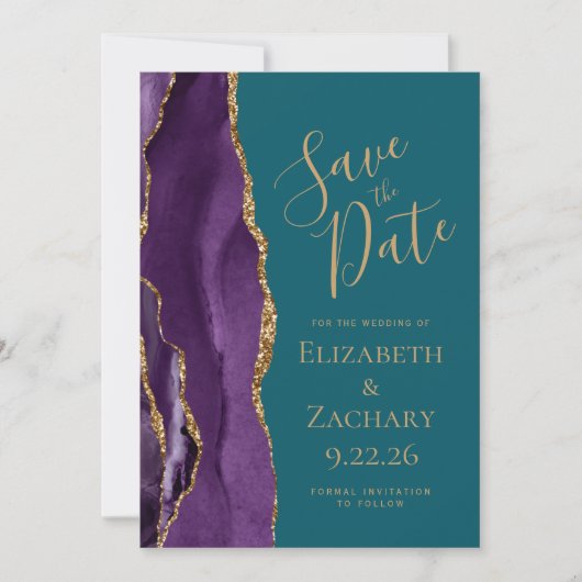 Modernes Lila Gold-Agate Save the Date Aquamarin (Vorderseite)