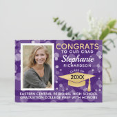 Modernes Lila Gold Bokeh Bubbles Foto Abschluss Einladung (Stehend Vorderseite)