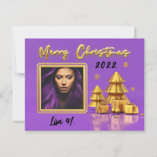 Modernes Lila Gold Foto Frohe Weihnachtskarte Mitteilungskarte