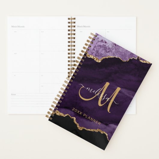 Modernes Lila Gold Glitzer Agate Monogram 2024 Planer (Anzeige)