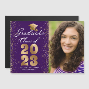 Modernes Lila Gold Script Cap Glitzer Foto Grad Magnetkarte