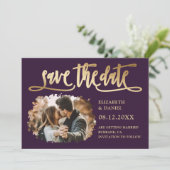 Modernes Lila Gold Wedding Foto Save the Date (Stehend Vorderseite)