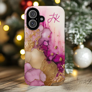 Modernes Lila Goldmarmormonogramm Personalisiert iPhone 16 Hülle
