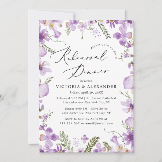 Modernes Lila Hochzeitsessen in Wasserfarbe Probe Einladung (Vorderseite)