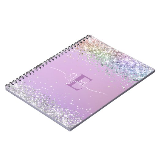 Modernes Lila Holografisches Imitat Glitzer Monogr Notizblock (Linke Seite)