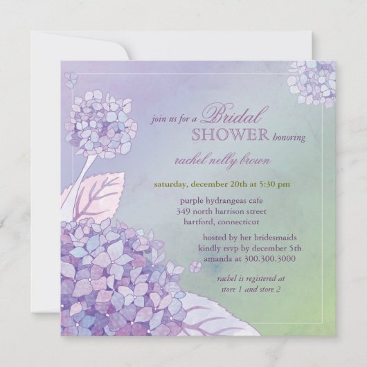 Modernes Lila Hydrangeas-Brautparty Einladung (Vorderseite)