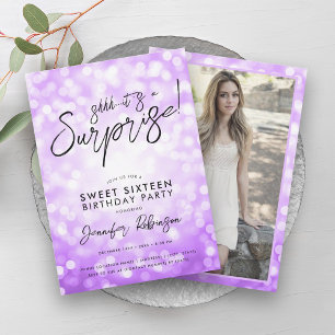 Modernes Lila Licht Foto Überraschung Sweet 16 Einladung