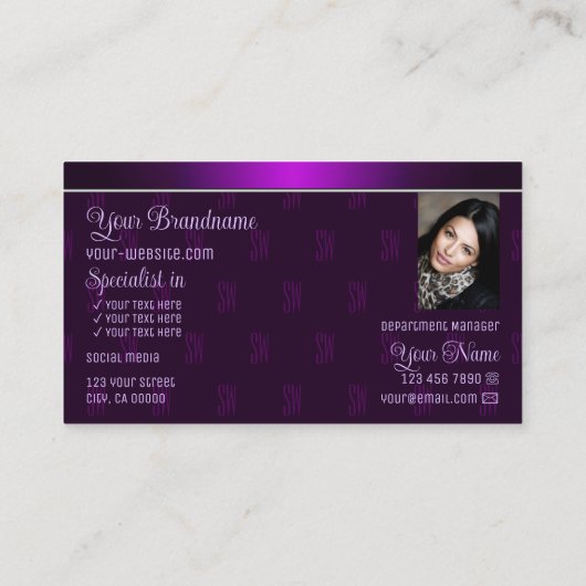 Modernes Lila mit Foto und Chic Monogram Muster Visitenkarte (Rückseite)