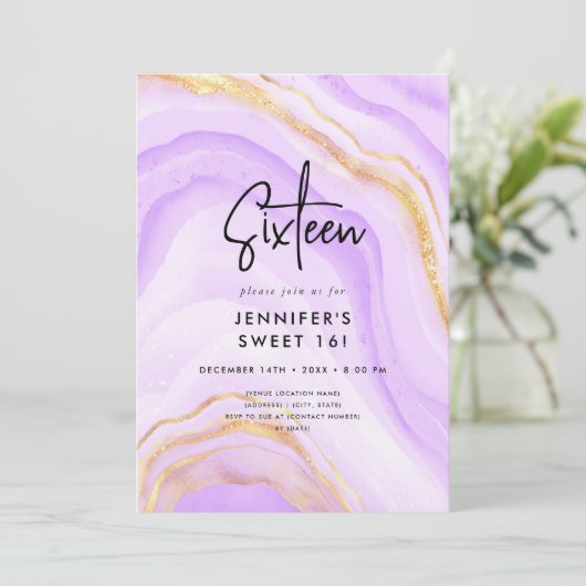 Modernes Lila Ombre Marble Foto Sweet 16 Einladung (Stehend Vorderseite)