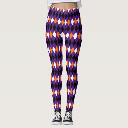 Modernes, Lila Orange Harlequin Muster Leggings (Vorderseite)