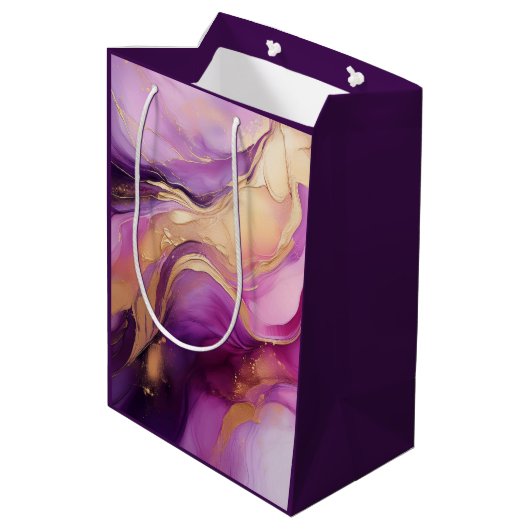 Modernes Lila Rosa und Gold- Mittlere Geschenktüte (Rückseite Schrägansicht)