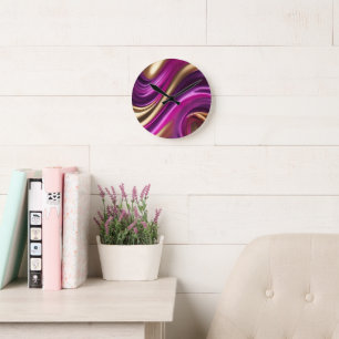 Modernes Lila Rosa und Gold- Runde Wanduhr