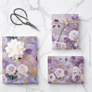 Modernes Lila/rosa/weißes Rosenmuster Geschenkpapier Set