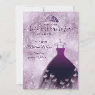 Modernes, lila Schmetterlingskleid Tiara Quince Einladung