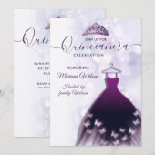 Modernes, lila Schmetterlingskleid Tiara Quince Einladung (Vorne/Hinten)
