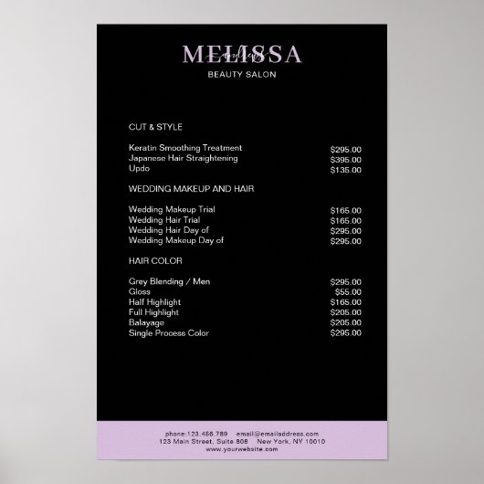 Modernes Lila Schwarzes Preislisten-Poster Poster (Vorne)