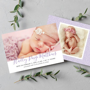 Modernes Lila Script Girl Foto Birth Ankündigung