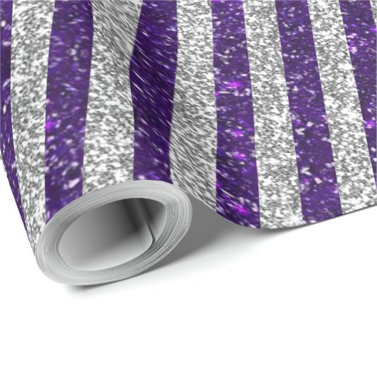 Modernes Lila Silver Glitzer Stripes Muster Geschenkpapier (Rolleneckpunkt)