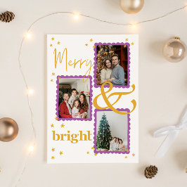 Modernes Lila und Gold 3 Foto Merry and Bright Feiertagskarte