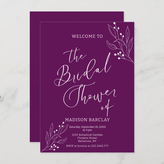 Modernes Lila und weißes Brautparty Einladung (Vorne/Hinten)