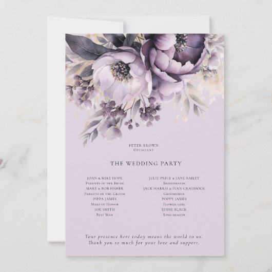 Modernes Lilac Lila Florals Hochzeitsprogramm Einladung (Rückseite)