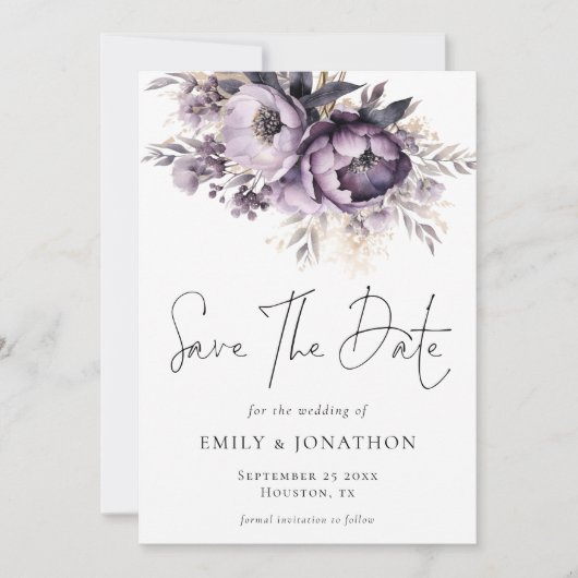 Modernes Lilac Lila Florals QR Code Wedding Save The Date (Vorderseite)