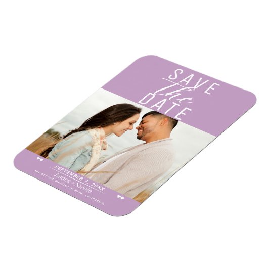 Modernes Lilac Lila Save the Date Hochzeitsstift F Magnet (Linke Seite)