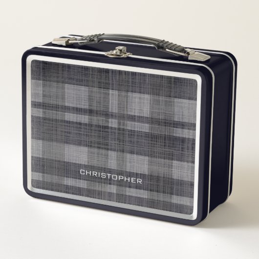 Modernes Linen Kariertes Muster mit Name - schwarz Metall Brotdose (Vorderseite)