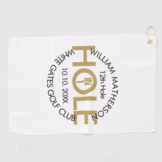 Modernes Loch in einem Schwarz und Gold Golfhandtuch (Horizontal)