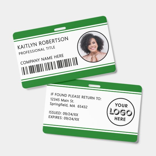 Modernes Logo-Barcode grüne Mitarbeiter-Foto-ID Ausweis (Vorder- & Rückseite)