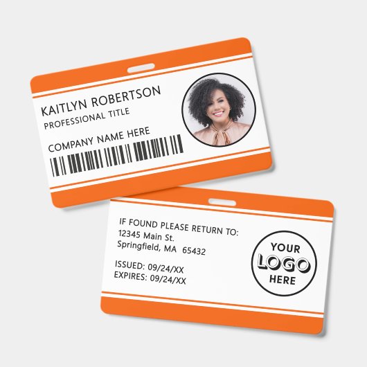 Modernes Logo-Barcode Orange Mitarbeiter-Foto-ID Ausweis (Vorder- & Rückseite)