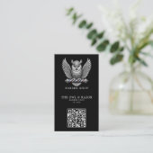 Modernes Logo für Friseursalon Silber Eule QR-Code Visitenkarte (Stehend Vorderseite)