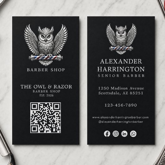 Modernes Logo für Friseursalon Silber Eule QR-Code Visitenkarte