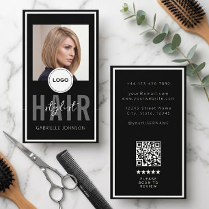 Modernes Logo QR Review Schwarz Weiß Haar-Stylist Visitenkarte