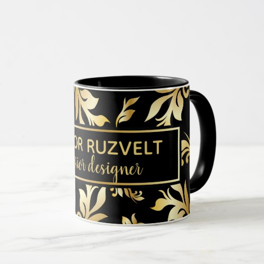 Modernes Lux Elegante Floral Damask Schwarzes Gold Tasse (VorderseiteRechts)