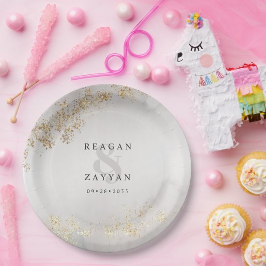 Modernes Luxe Gold Flecks Grau Mist Wedding Paper  Pappteller (Party)