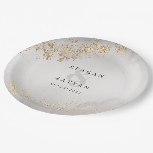Modernes Luxe Gold Flecks Grau Mist Wedding Paper  Pappteller (Schrägansicht)
