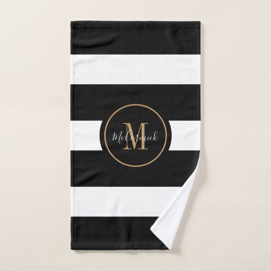 Modernes Luxus Schwarz-weiß Stripes Gold Monogramm Handtuch (Handtuch)