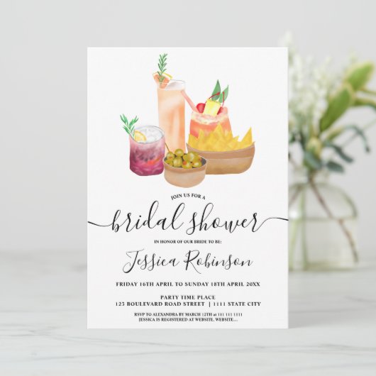 Modernes mädchenhaftes Cocktails Aquarell Brautpar Einladung (Stehend Vorderseite)