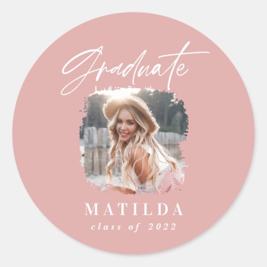 Modernes, mädchenhaftes rosa Skript-Foto mit elega Runder Aufkleber (Vorderseite)