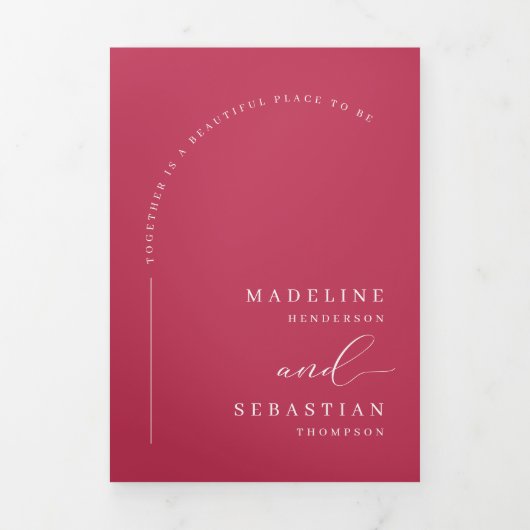 Modernes Magenta Boho Arch Foto QR Code Wedding Dreifach Gefaltete Einladung (Cover)