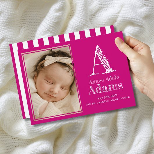 Modernes Magenta Monogram Birth Stats Foto Ankündigung