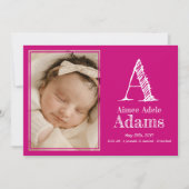 Modernes Magenta Monogram Birth Stats Foto Ankündigung (Vorderseite)