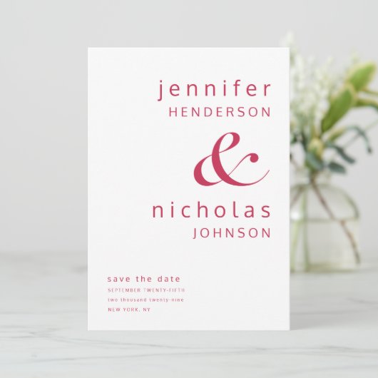 Modernes Magenta Rotes Ampersand Foto Save The Date (Stehend Vorderseite)