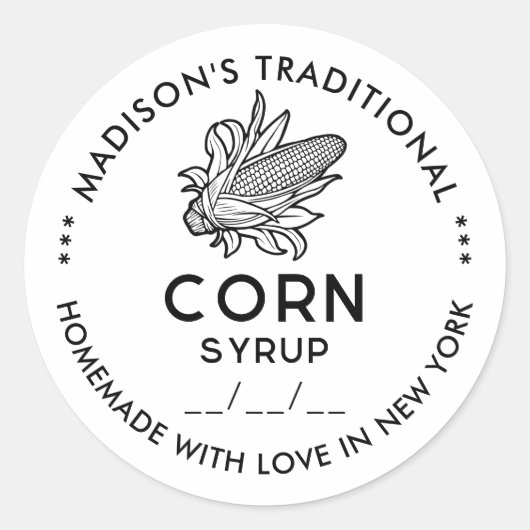 Modernes Maissirup-Etikett mit schwarz-weißem Cob Runder Aufkleber (Vorderseite)