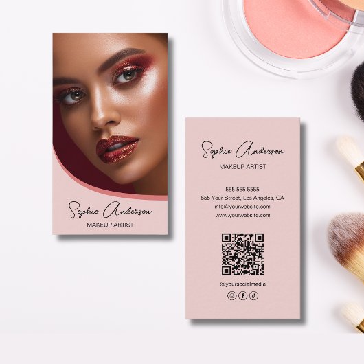 Modernes Makeup-Künstler-Foto QR Pink Visitenkarte